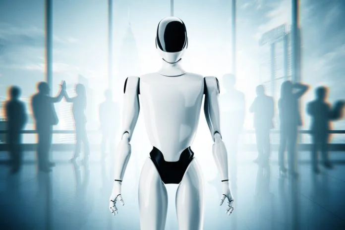 Moral Engineering -Futuristic humanoid robot standing in modern office with blurry businesspeople in background
