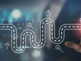 Creative idea generation for new product development concept. Creative thinking and innovation. Roadmap with stages of innovation icons, generating creative idea process for product developmement. Europe’s Software industry