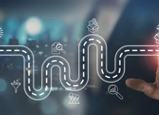 Creative idea generation for new product development concept. Creative thinking and innovation. Roadmap with stages of innovation icons, generating creative idea process for product developmement. Europe’s Software industry