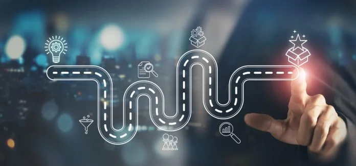 Creative idea generation for new product development concept. Creative thinking and innovation. Roadmap with stages of innovation icons, generating creative idea process for product developmement. Europe’s Software industry