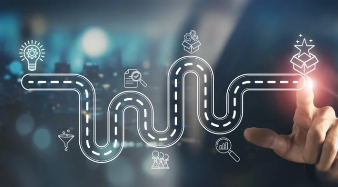 Creative idea generation for new product development concept. Creative thinking and innovation. Roadmap with stages of innovation icons, generating creative idea process for product developmement. Europe’s Software industry