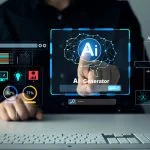 Person using laptop with Ai Content Generator. Interaction with the Ai assistant to solve some tasks more easily. AI Human Generators
