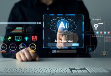 Person using laptop with Ai Content Generator. Interaction with the Ai assistant to solve some tasks more easily. AI Human Generators