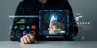 Person using laptop with Ai Content Generator. Interaction with the Ai assistant to solve some tasks more easily. AI Human Generators