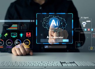 Person using laptop with Ai Content Generator. Interaction with the Ai assistant to solve some tasks more easily. AI Human Generators