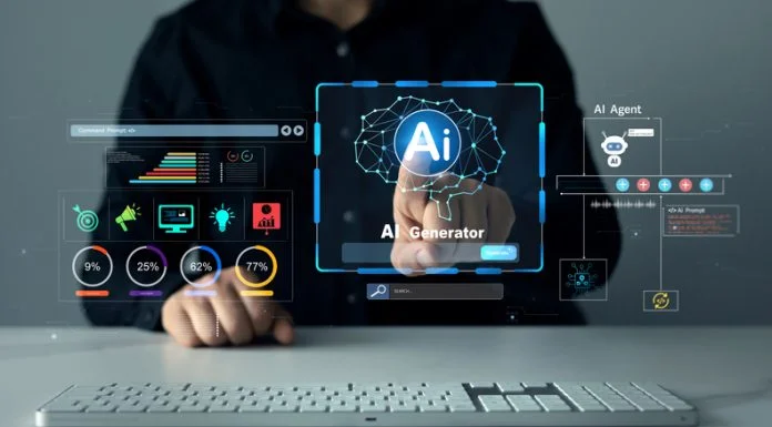 Person using laptop with Ai Content Generator. Interaction with the Ai assistant to solve some tasks more easily. AI Human Generators