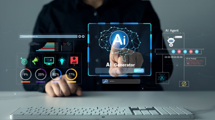 Person using laptop with Ai Content Generator. Interaction with the Ai assistant to solve some tasks more easily. AI Human Generators