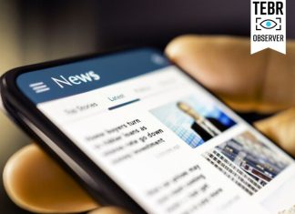 Person checking article online. Editorial Credibility concept