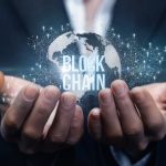 Blockchain Intelligence. Hands of businesswoman support the block chain .