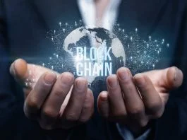 Blockchain Intelligence. Hands of businesswoman support the block chain .