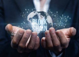 Blockchain Intelligence. Hands of businesswoman support the block chain .