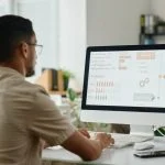 Young HR manager looking through statistic data on computer screen and typing on keyboard while sitting by desk in openspace offic using SAP SuccessFactors software.