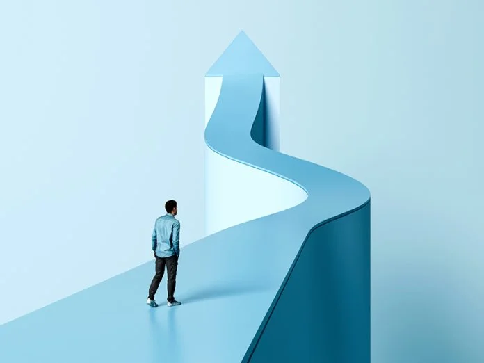 Onwards and Upwards, Path to Success, Man Walking on Arrow, Career Growth and Success, 3D render purpose-driven leadership