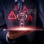 AI, technology, and cybersecurity warnings displayed as red holograms above a tablet in businessman hand, future chatbot. AI Agents for Fraud Detection concept