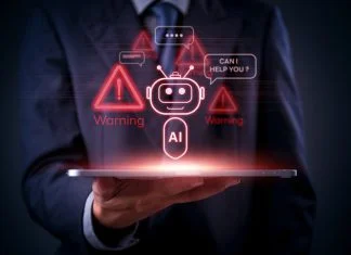 AI Agents for Fraud Detection: Outsmart Digital Threats AI, technology, and cybersecurity warnings displayed as red holograms above a tablet in businessman hand, future chatbot. AI Agents for Fraud Detection concept