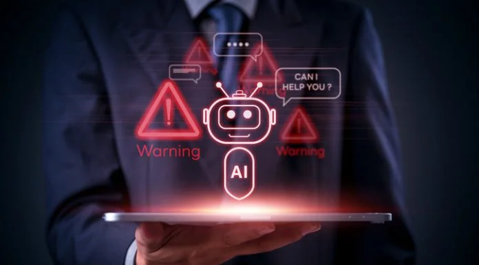 AI, technology, and cybersecurity warnings displayed as red holograms above a tablet in businessman hand, future chatbot. AI Agents for Fraud Detection concept