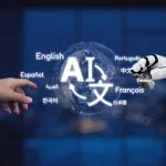 Human Hand Reaching for Robotic Arm with AI Term and Language Icons in Futuristic Technology Scene Synapse. AI Translation concept