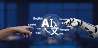 Human Hand Reaching for Robotic Arm with AI Term and Language Icons in Futuristic Technology Scene Synapse. AI Translation concept