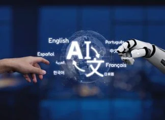 Human Hand Reaching for Robotic Arm with AI Term and Language Icons in Futuristic Technology Scene Synapse. AI Translation concept