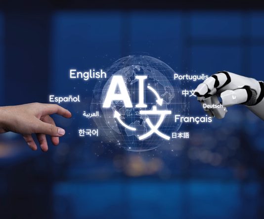 Human Hand Reaching for Robotic Arm with AI Term and Language Icons in Futuristic Technology Scene Synapse. AI Translation concept