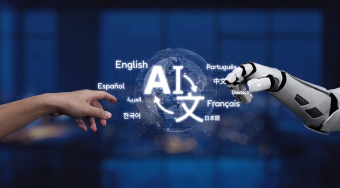 Human Hand Reaching for Robotic Arm with AI Term and Language Icons in Futuristic Technology Scene Synapse. AI Translation concept