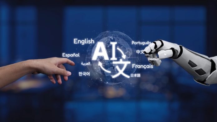 Human Hand Reaching for Robotic Arm with AI Term and Language Icons in Futuristic Technology Scene Synapse Human Hand Reaching for Robotic Arm with AI Term and Language Icons in Futuristic Technology Scene Synapse. AI Translation concept