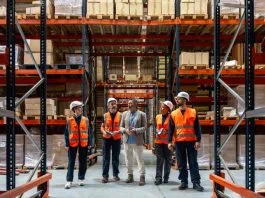 Logistics manager explaining and delegating operations to warehouse workers. Solve SMB Capacity Challenges