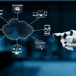 Futuristic Robotic Interface with Cloud Computing Icons for Technology and Innovation Themes in Modern Business Environment Synapse