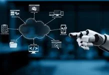 Futuristic Robotic Interface with Cloud Computing Icons for Technology and Innovation Themes in Modern Business Environment Synapse