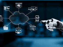 Futuristic Robotic Interface with Cloud Computing Icons for Technology and Innovation Themes in Modern Business Environment Synapse