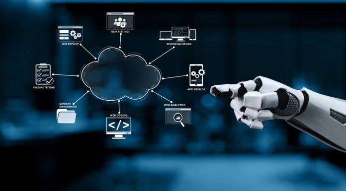 Futuristic Robotic Interface with Cloud Computing Icons for Technology and Innovation Themes in Modern Business Environment Synapse