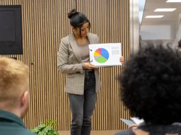 Businesswoman presenting data pie chart during meeting