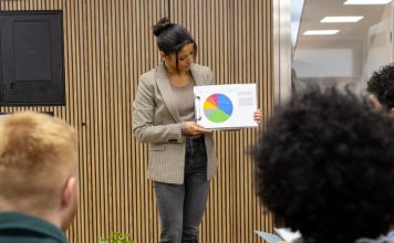 Businesswoman presenting data pie chart during meeting