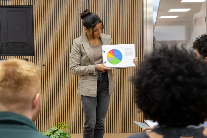 iStock-2253158297 (1) Businesswoman presenting data pie chart during meeting