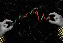 Art collage, Hands manipulate a stock market chart showing fluctuations in price movements during trading hours