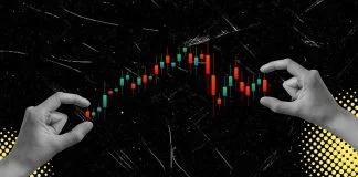 Art collage, Hands manipulate a stock market chart showing fluctuations in price movements during trading hours