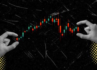 Art collage, Hands manipulate a stock market chart showing fluctuations in price movements during trading hours