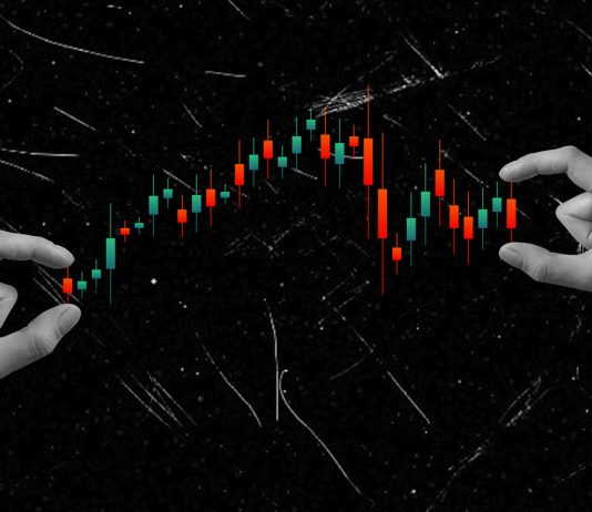 The Rise of On-Chain Perpetual Markets in Crypto Trading (2026) Art collage, Hands manipulate a stock market chart showing fluctuations in price movements during trading hours