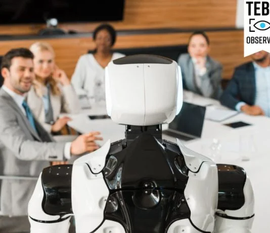 AI: The Boardroom’s Blind Spot selective focus of multicultural businesspeople looking at AI robot in conference hall