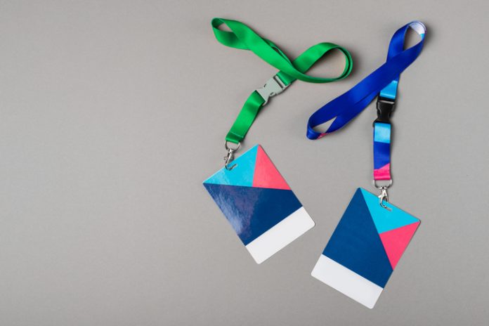 Two Colour badges mockup on gray background. Plain empty name tag mock up with colour strings Lanyard Design