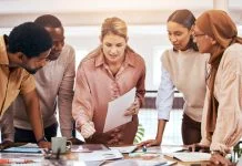 Discussion, finance team and meeting with business people in office for investment or risk management for modern audit.