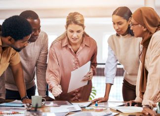 Discussion, finance team and meeting with business people in office for investment or risk management for modern audit.