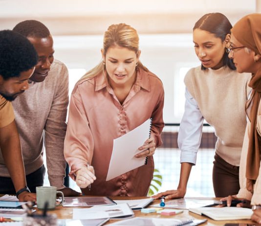 Discussion, finance team and meeting with business people in office for investment or risk management for modern audit.