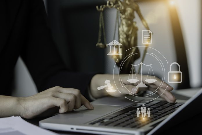 Lawyer man using laptop at office desk. legal profession skills
