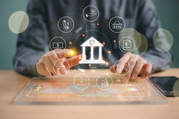 Online shopping, digital business bank account technology concept. Businessman using mobile banking, digital marketing, cyber security. Bank icon, payment insurance, financial solution and money loan PAM solutions for banks