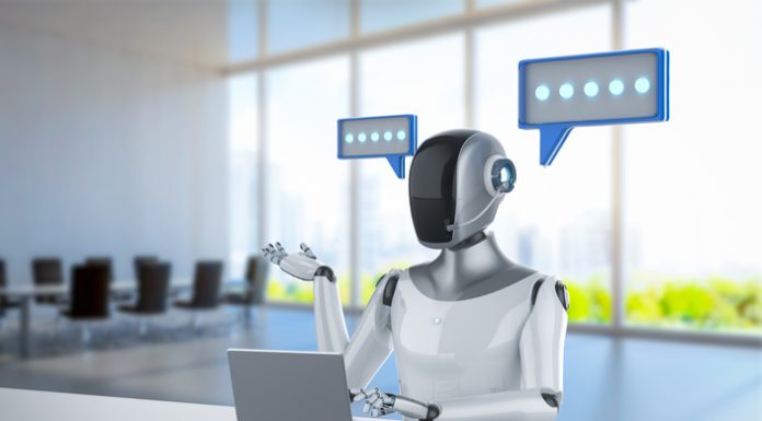 3d rendering ai chatbot or personal assistant robot chat with speech bubble