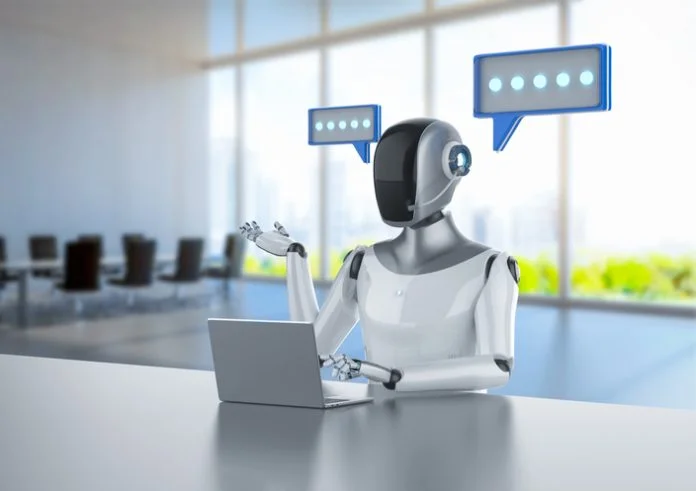 3d rendering ai chatbot or personal assistant robot chat with speech bubble