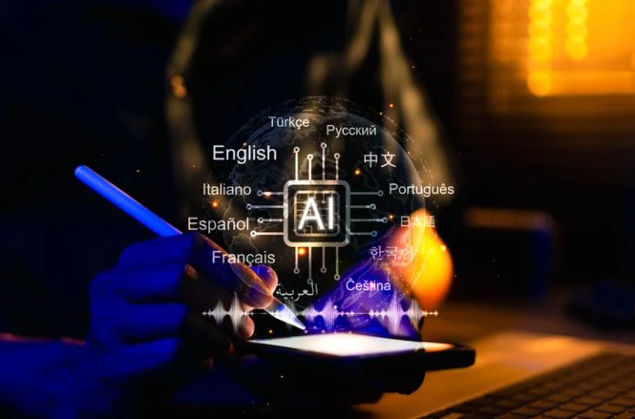 AI-Powered Language Translation Technology. Users using smartphone with AI multiple languages, artificial intelligence driven multilingual translation, global communication technology, translation app AI Translation