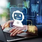 AI becomes customer. Man using laptop computer to give instructions to AI at desk.