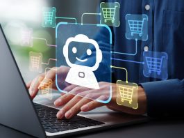 AI becomes customer. Man using laptop computer to give instructions to AI at desk.